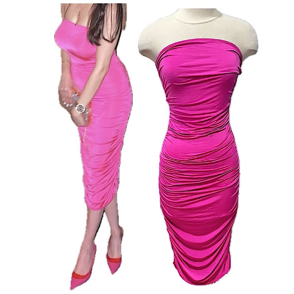 NEW Sincerely Jules Hot Pink Strapless Ruched Midi Dress Size Large
